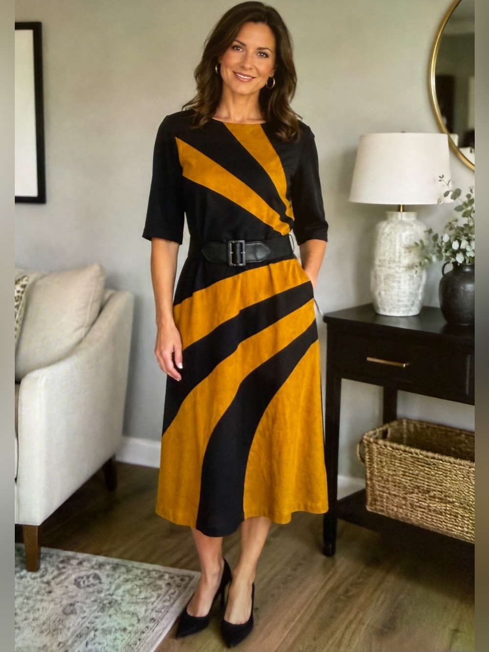 connected apparel Black and Camel Diagonal-Stripe Midi Dress with Belt